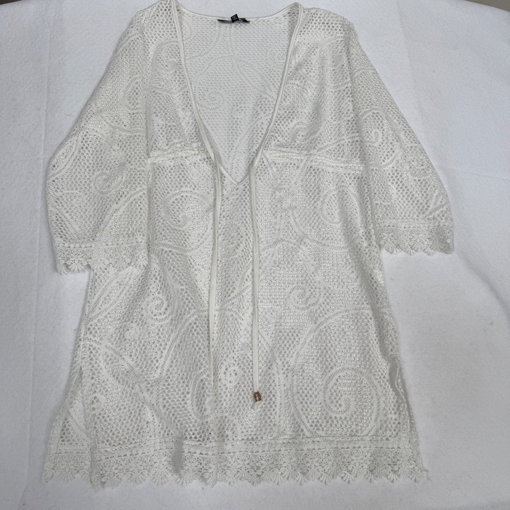 Club Z Collection White Crochet Lace Swim Cover Up Boho Paisley Knit Dress Med